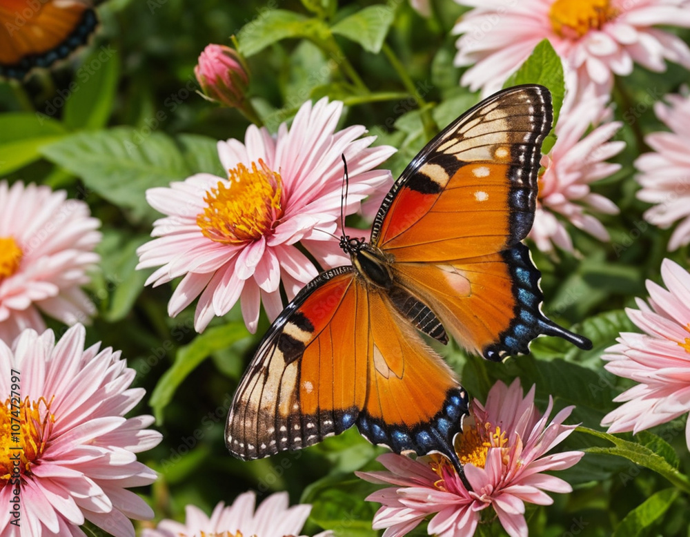 Fototapeta premium Butterfly feeding on flowers representing nature and wildlife
