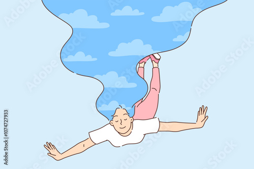 Woman flies in sleep, spreading arms to sides and turning into bird from fantastic fairy tales