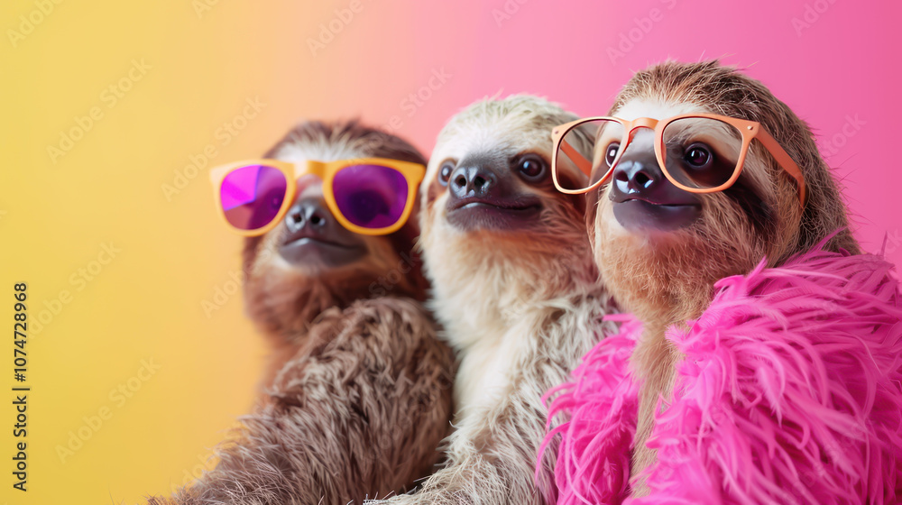 Obraz premium Sloth Squad in Sunglasses, a whimsical scene featuring a trio of sloths wearing stylish shades, set against a vibrant backdrop, perfect for playful advertising or editorial use.