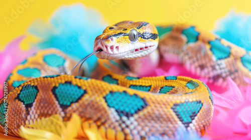 Festive Ball Pythons in Colorful Outfits, Playful snakes dressed in vibrant attire, set against a lively backdrop, perfect for a birthday party invitation banner.