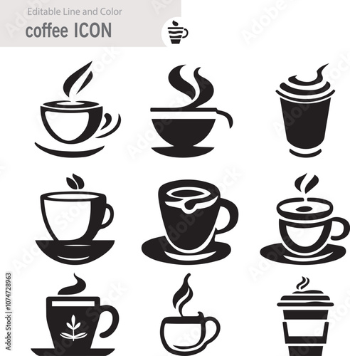 Coffee icon collection - vector outline illustration and silhouette