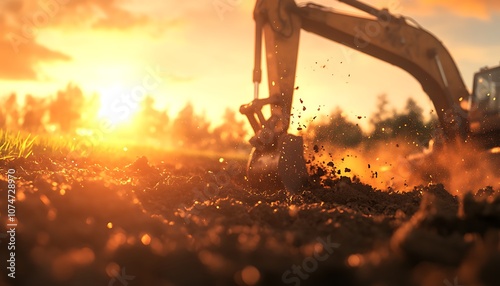 A construction excavator digs into the earth, surrounded by a warm sunset glow, highlighting its powerful machinery amidst a serene landscape. photo