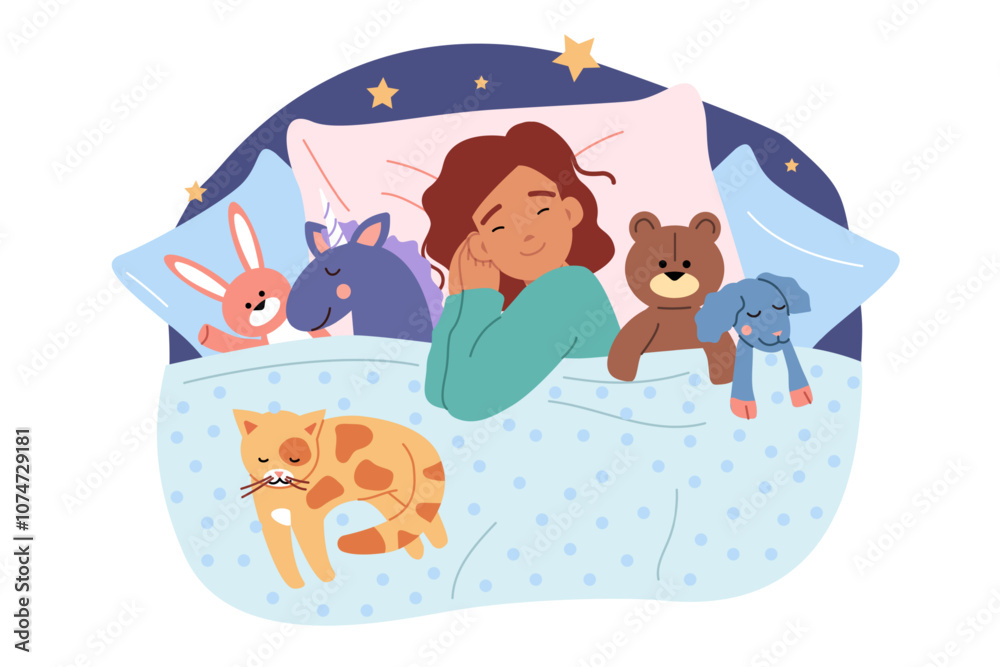Little girl sleeps in bed among plush toys, and dreams while resting after day walk. Preschool child lies on pillow under blanket and sleeps, gaining strength and energy for new day.
