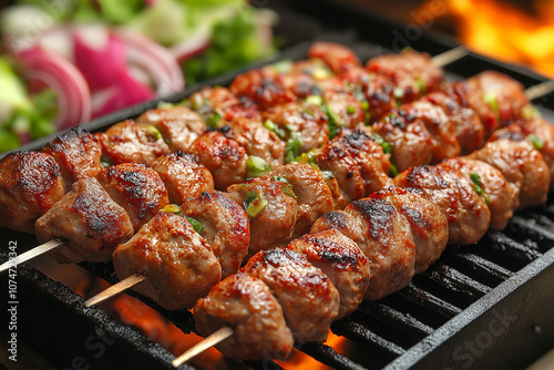 tasty traditional adana shish kebab skewers on the fire grill, tasty oriental dish, shashlik picnic