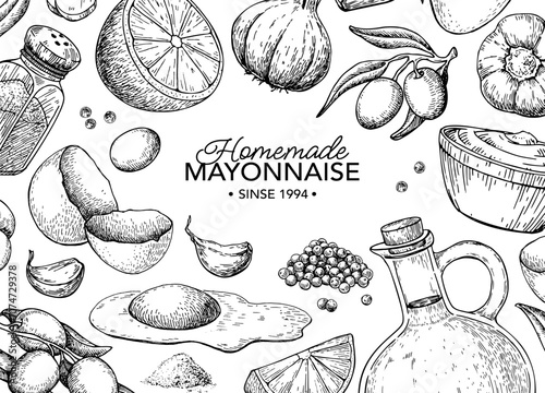 Mayonnaise sauce vector label drawing. Organic homemade mayo cream ingredients sketch.