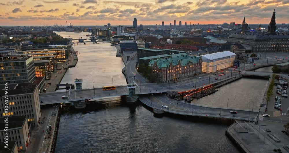 Aerial drone view of Borsen historical place in Copenhagen, Denmark at night