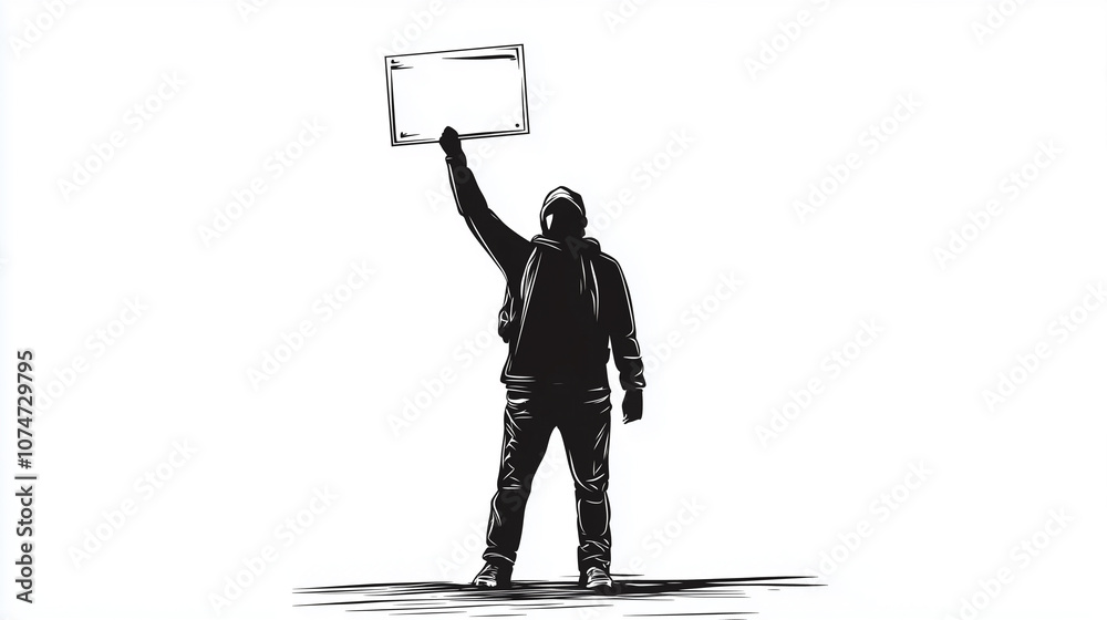 Fototapeta premium A person stands with one arm raised, holding a blank sign high, representing a call for attention or a message yet to be voiced. The figure is outlined against a stark white backdrop.