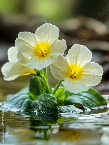 Three white primroses with yellow centers bloom in a shallow pool of water. photo