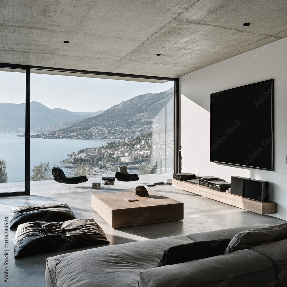 Fototapeta premium A living room with a large flat screen TV on the wall