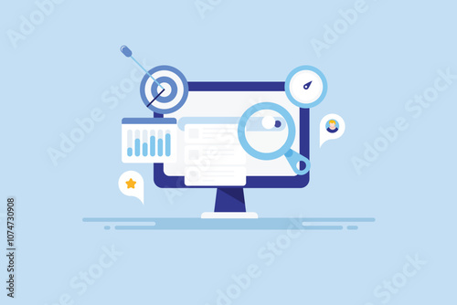 SEO optimization data driven strategy, select right keyword and target search engine user on web, conceptual business technology vector illustration.