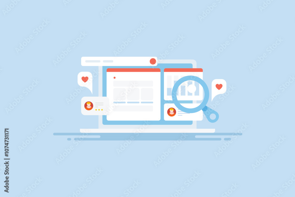Business analytics dashboard, website marketing and web traffic data, e-business SEO solution concept, vector illustration. Business analytics dashboard, website marketing and web traffic data, e-business SEO solution concept, vector illustration.