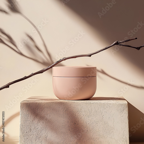 A serene shot features a soft pink cream jar resting on a beige surface, with a delicate branch placed beside it. The simplicity of the design and natural elements creates an elegant and calm vibe, photo