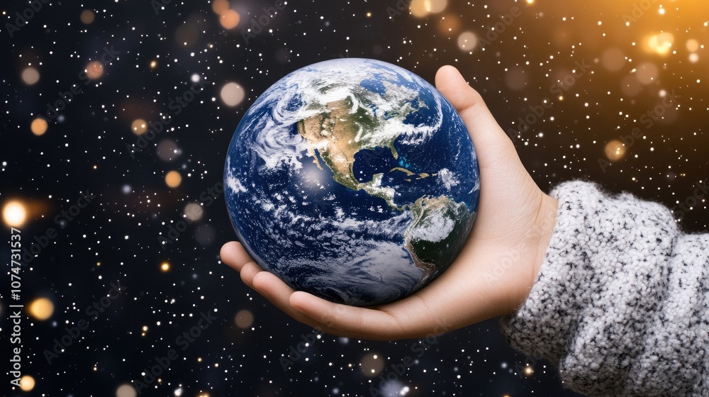 A hand gently cradles the Earth with glowing city lights twinkling in the backdrop, illustrating our planet's beauty at sunset A hand gently cradles the Earth with glowing city lights twinkling in the backdrop, illustrating our planet's beauty at sunset