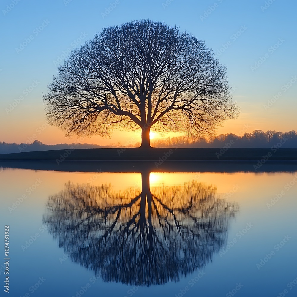 Solitary tree reflected in tranquil lake under glowing sunrise or Image Solitary tree reflected in tranquil lake under glowing sunrise or Image