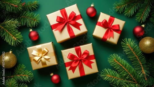 A festive arrangement of beautifully wrapped gift boxes, adorned with red ribbons, surrounded by Christmas ornaments and pine branches, creating a warm holiday atmosphere