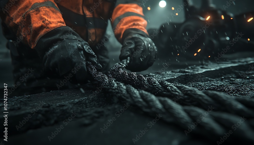 A worker in an orange safety jacket grips a thick rope in a dimly lit environment, highlighting determination and focus in a rugged setting. A worker in an orange safety jacket grips a thick rope in a dimly lit environment, highlighting determination and focus in a rugged setting.