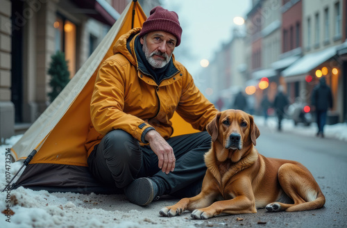 A homeless man sits with his dog and a tent on a street decorated for Christmas and christmas tree photo