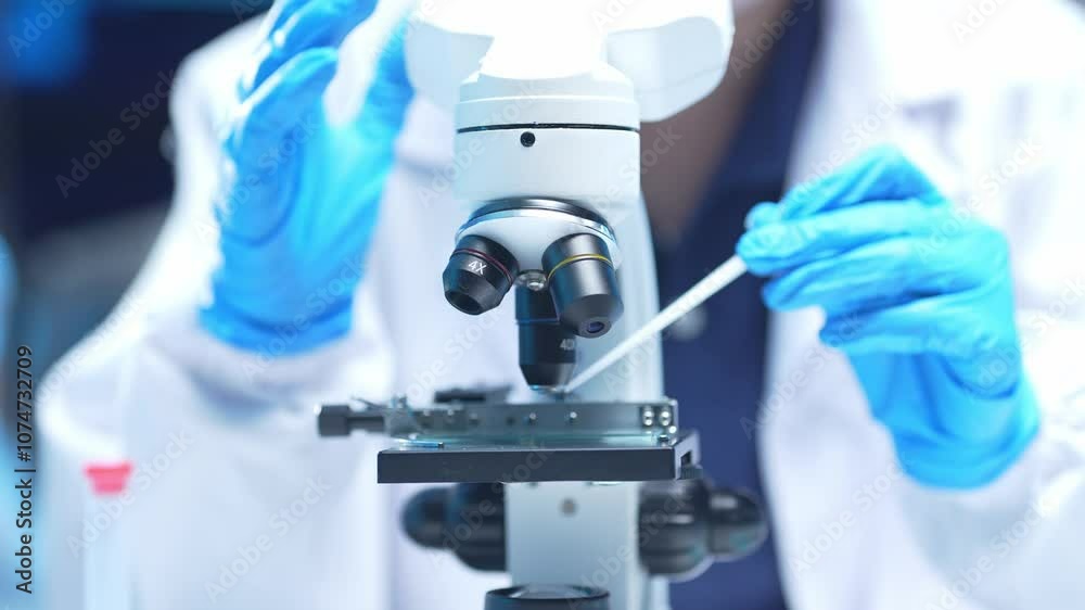 Scientist in a lab coat is preparing a microscope slide Scientist in a lab coat is preparing a microscope slide