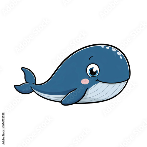 Cartoon style blue whale sticker with expressive blue eyes, curved body, and calm expression on white background, generative ai