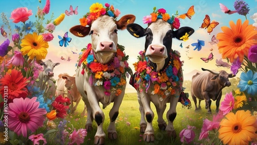 Whimsical cow character dressed in vibrant bohemian attire, dancing joyfully in a lively meadow surrounded by cheerful farm animals and colorful flowers