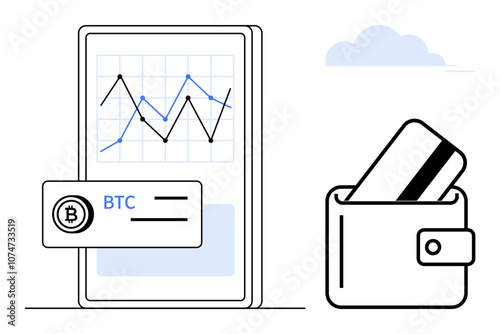 Mobile phone displaying a cryptocurrency trend graph alongside a Bitcoin payment icon and a wallet with a credit card. Ideal for finance, investment, banking, technology, digital wallets