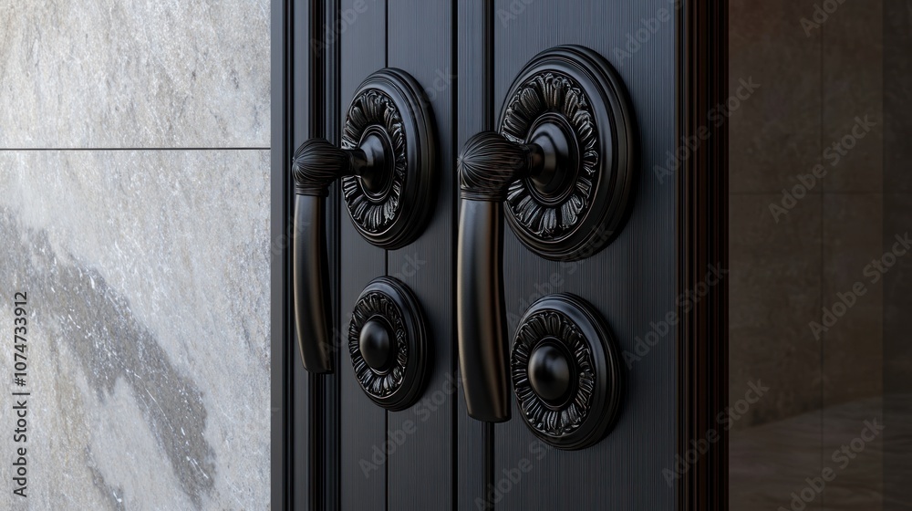 Elegant Black Door with Intricate Hardware Elegant Black Door with Intricate Hardware