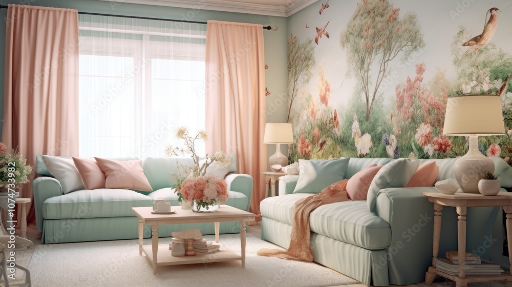 Fototapeta premium Living Room with Floral Wallpaper