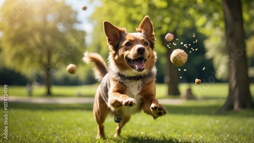 Playful dog performing tricks in a sunny park, joyfully catching treats mid-air, with a lush green landscape and playful