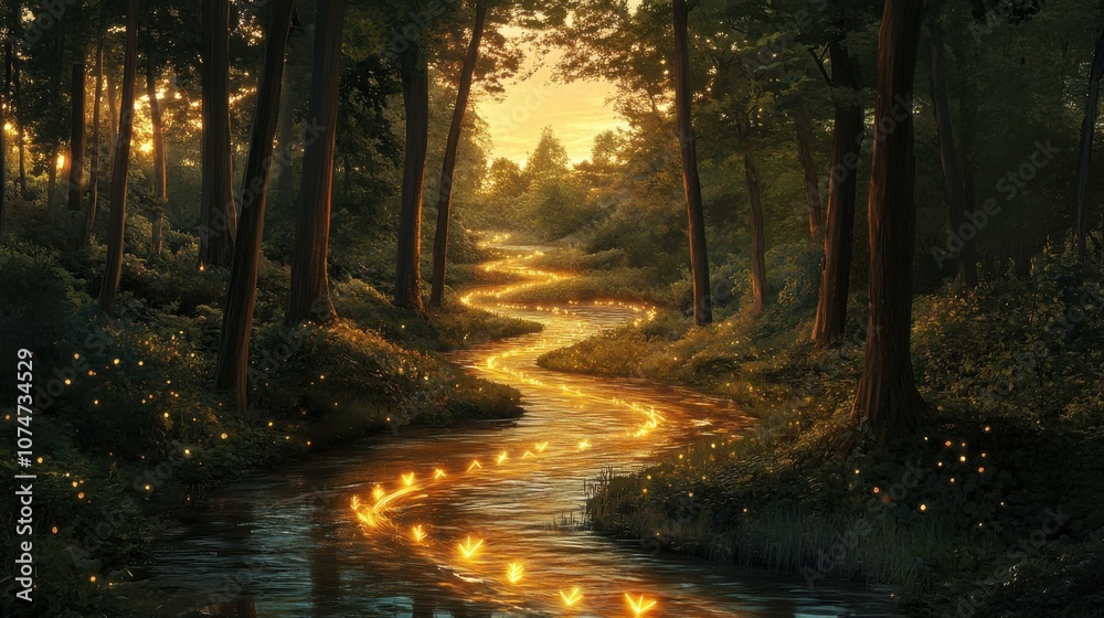 Obraz premium a picturesque river winds through a lush forest, with glowing arrows of light guiding its path, symbolizing trends. The tall trees frame the scene, bathed in the warm glow of sunset.