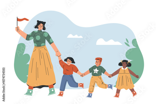 Preschool Kids with Woman Kindergarten Teacher Walking Outdoor Vector Illustration