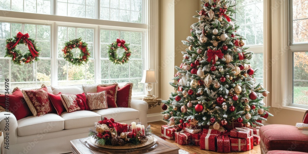 Wide shot of a living room adorned with a beautifully decorated Christmas tree, featuring Christmas-themed fabric ornaments. Wide shot of a living room adorned with a beautifully decorated Christmas tree, featuring Christmas-themed fabric ornaments.