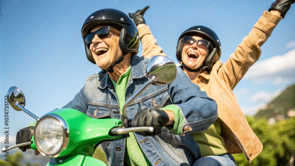 Obraz premium Cheerful senior couple riding a green scooter outdoors on a sunny day. The man drives while the woman joyfully raises her arms, celebrating freedom, adventure, and an active lifestyle.