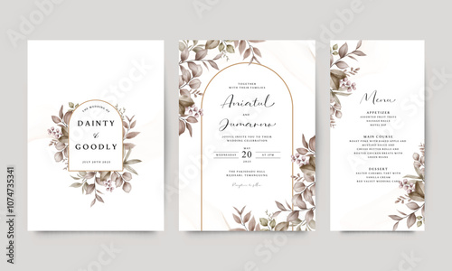 Elegant wedding invitation template set with beautiful watercolor leaves