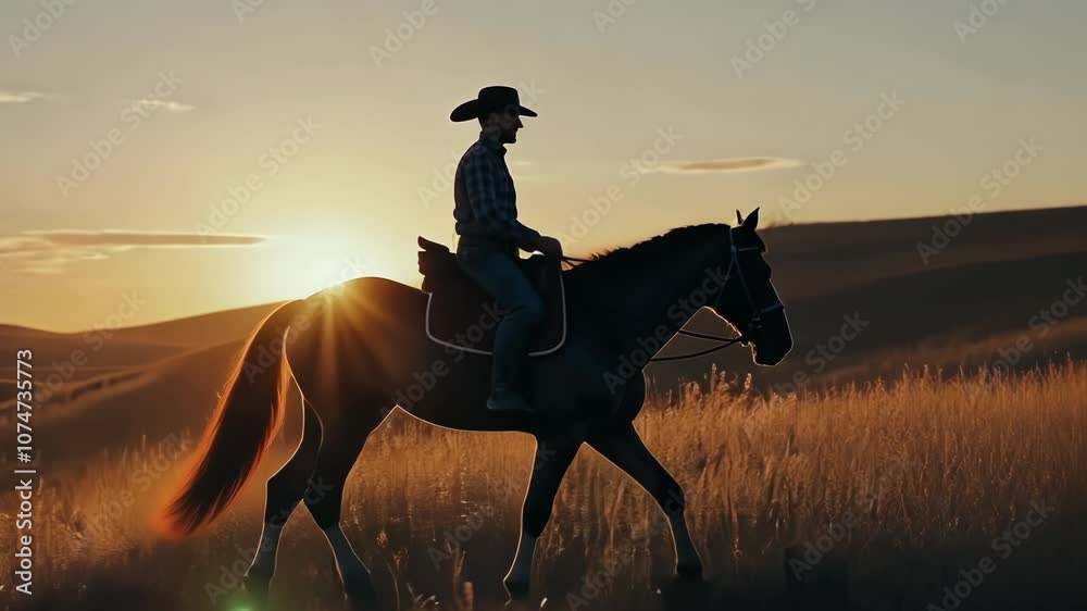 Cowboy Riding Horse at Sunset in Scenic Grassland Landscape