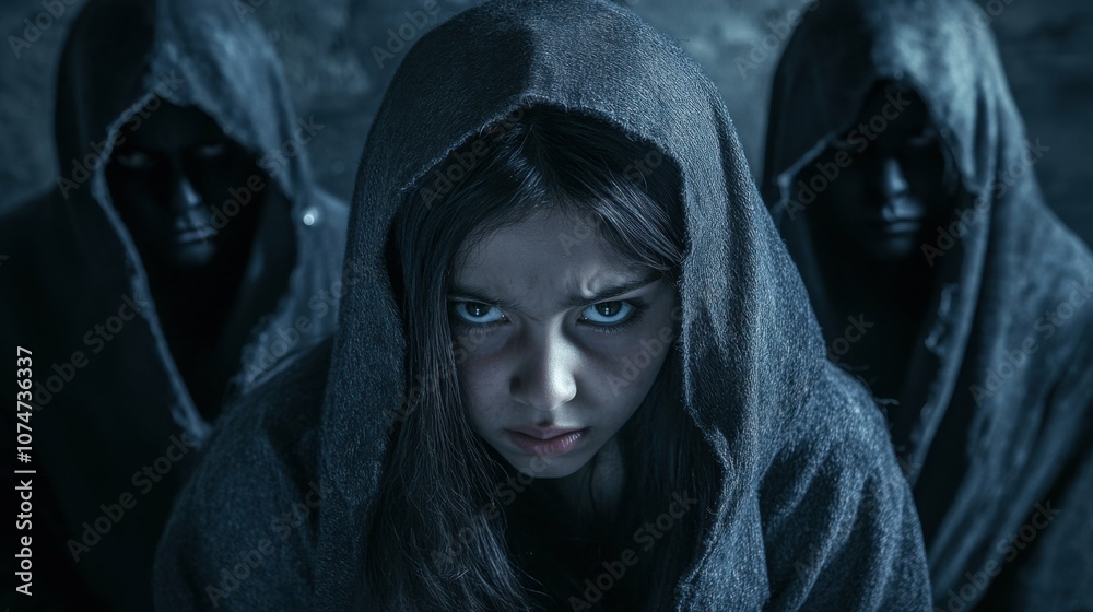 Intense image of a distressed adolescent girl of Hispanic descent cornered by hooded figures in a mysterious location, evoking feelings of fear and suspense. Intense image of a distressed adolescent girl of Hispanic descent cornered by hooded figures in a mysterious location, evoking feelings of fear and suspense.