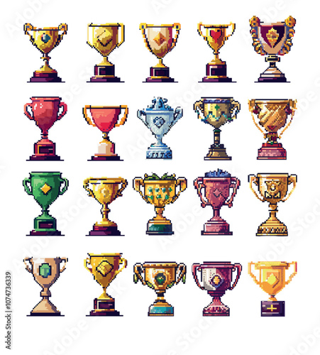 Pixel cups vector set. 8 bit Goblets achievement competition reward, trophy winner award prize symbol, video game arcade assets, isolated illustration on white background