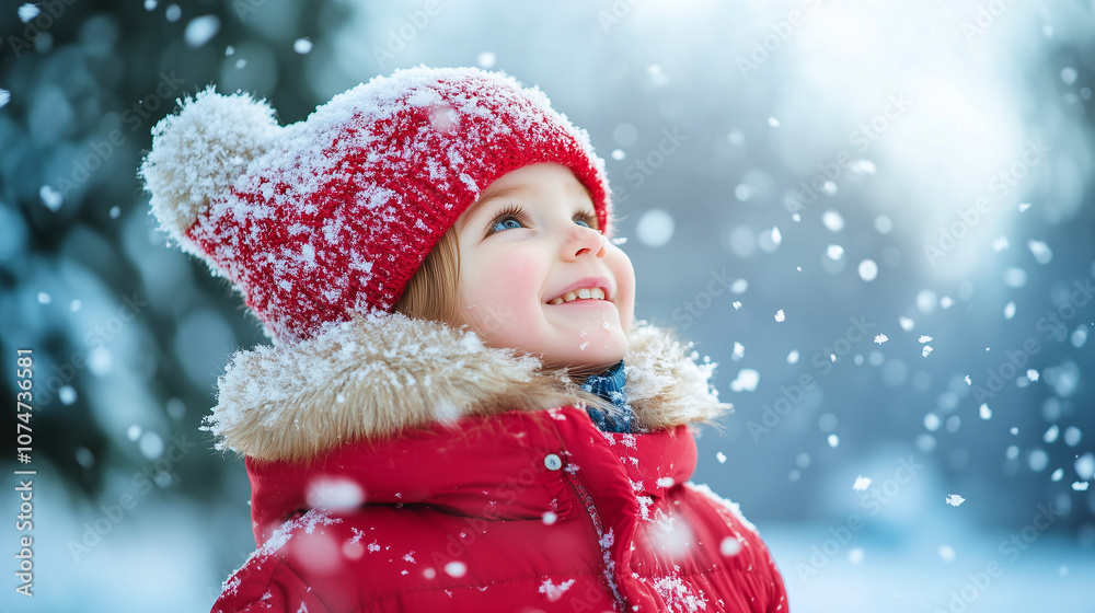 Smiling child in red winter hat enjoying snowfall on a cold day Smiling child in red winter hat enjoying snowfall on a cold day