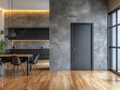 A black door is in front of a kitchen. The door has a silver handle. There is a window in the room