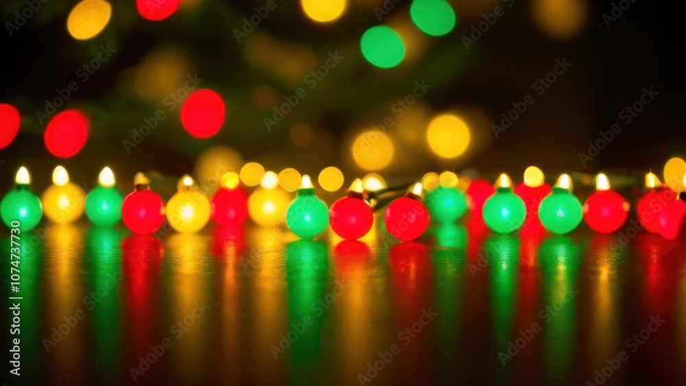 A festive arrangement of colorful Christmas lights and ornaments in red, green, and yellow, creating a warm holiday atmosphere