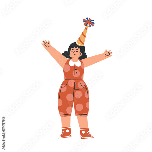 Playful Preschool Girl in Birthday Hat Celebrate Party Vector Illustration