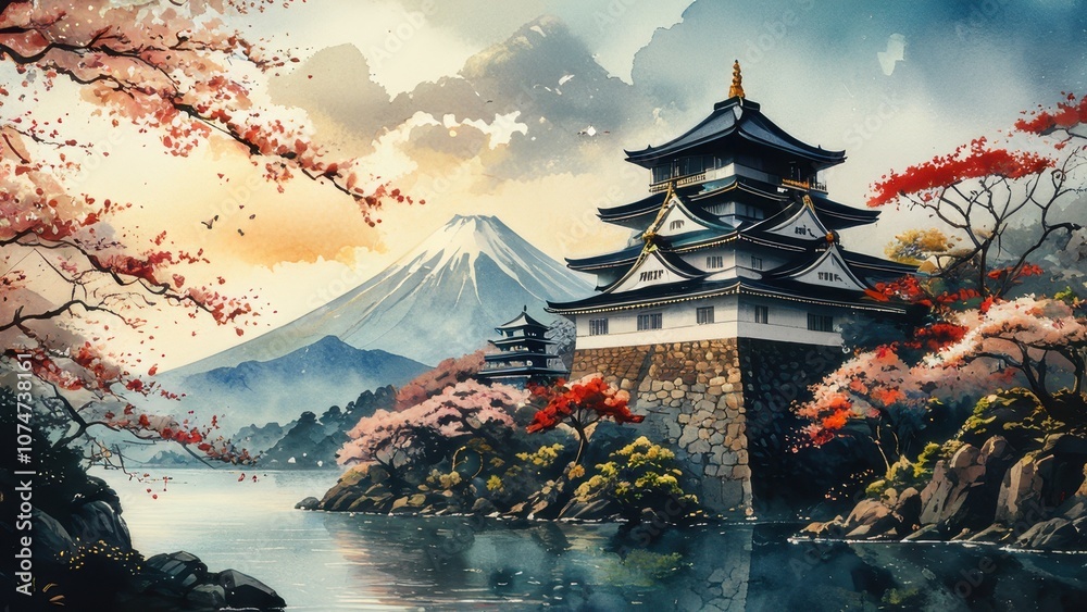 Obraz premium Beautiful Japanese castle surrounded by cherry blossoms and Mount Fuji in the background, showcasing traditional architecture and serene nature