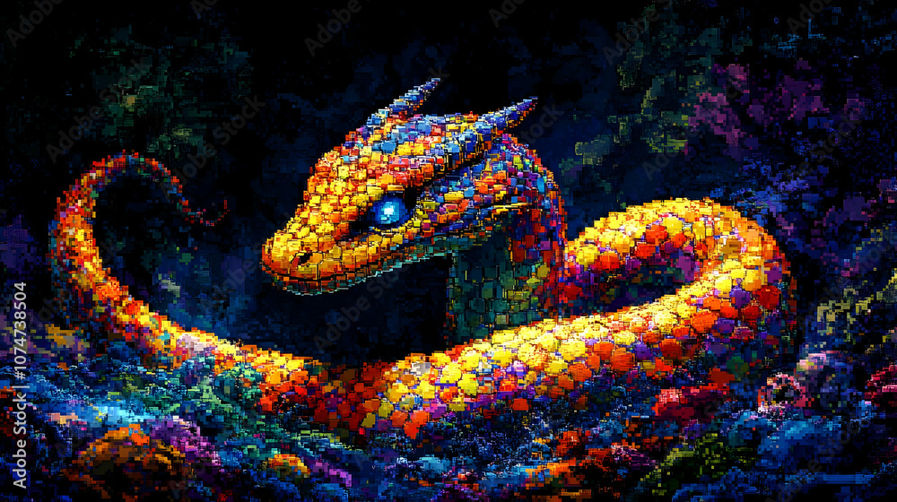 Colorful Dragon Illustration in a Digital Mosaic Colorful Dragon Illustration in a Digital Mosaic