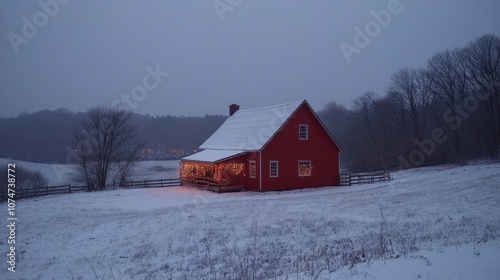 Red Barn with Christmas Lights in a Snowy Field