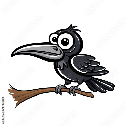 Cartoon crow sticker with big eyes and mischievous expression on clean white background, generative ai photo