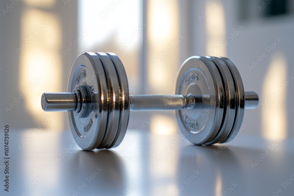 A shiny dumbbell rests on a table in a bright room. Fitness equipment symbolizes strength training and workout routines. It inspires a healthy lifestyle. Generative AI A shiny dumbbell rests on a table in a bright room. Fitness equipment symbolizes strength training and workout routines. It inspires a healthy lifestyle. Generative AI