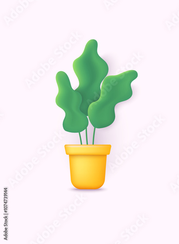 Set of 3d realistic potted plant with shadow isolated on white background. Design element, nature icons. 3D vector web illustration.