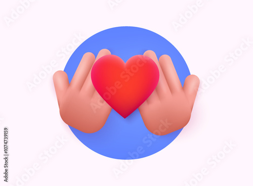 Heart and love emoji, 3d icon. Hands give heart, cardio concept. Heart health care symbol. 3D web vector illustration.
