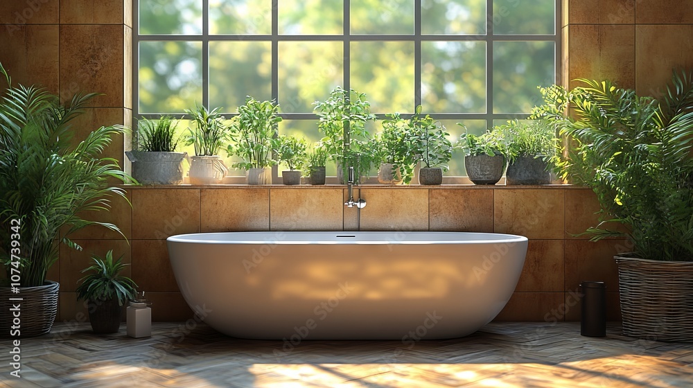 Fototapeta premium bathtub near window with plants