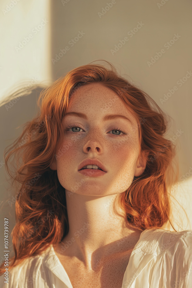ethereal portrait of the beautiful girl with red hair, flowing in soft waves around her face and shoulders. The golden sunlight illuminates her features ethereal portrait of the beautiful girl with red hair, flowing in soft waves around her face and shoulders. The golden sunlight illuminates her features