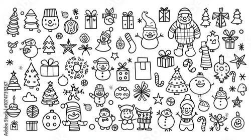 A large set of cute doodle clip art in black and white line drawings 